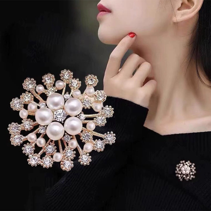 Women's Snowflake Pearl Rhinestone Brooch - Coat Corsage Pin