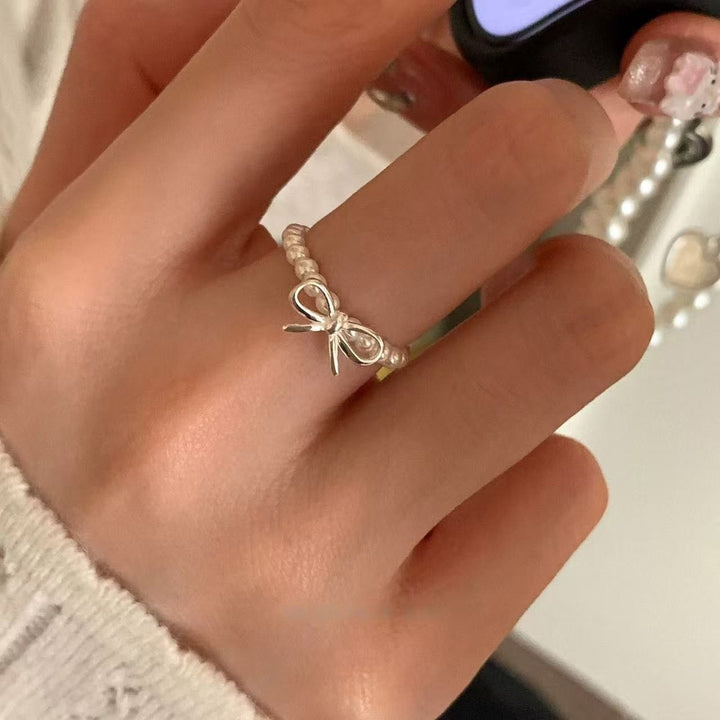 Women's Adjustable  Bow Pearl Elastic Ring