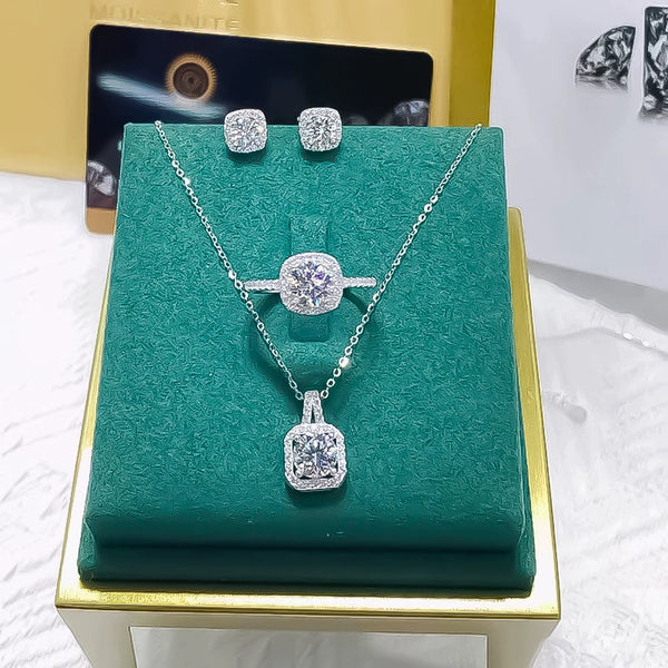 Foreign trade hot selling pendant square cut micro inlaid zirconium jewelry set fashion temperament necklace stud ring three-piece set