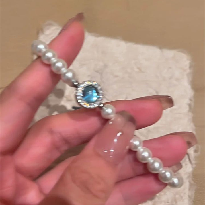 French high-end sparkling diamond aquamarine pearl bracelet women's versatile cold bracelet light luxury niche design hand jewelry