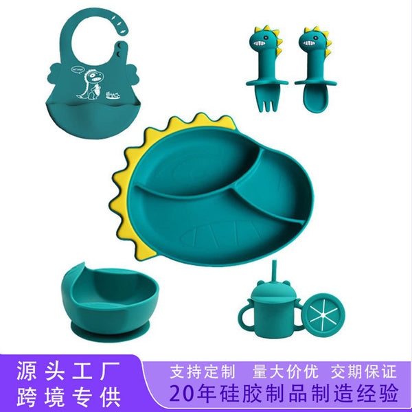 Baby silicone dinner plate set for baby food bowl baby eating fork, spoon, bib, children's tableware set