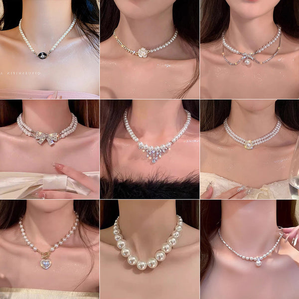 Rhinestone Pearl Drop Tassel Necklace