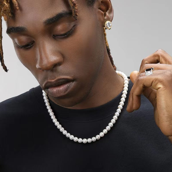 Pearl Necklace Men Simple Handmade Strand Bead Necklace 2023