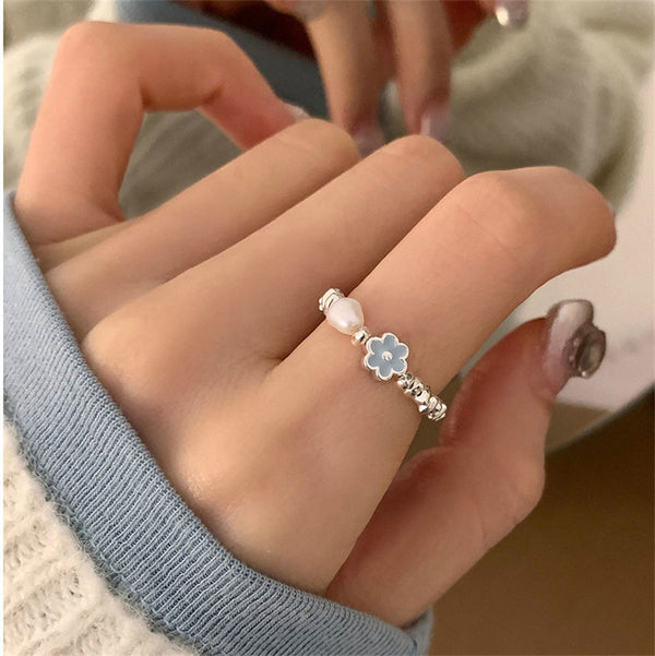 Women's Blue Glazed Pearl Crushed Silver Ring