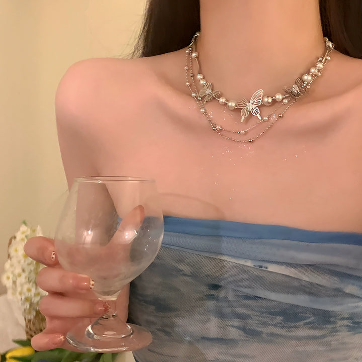 Butterfly Pearl Choker Necklace  High-Quality Multi-Layered Clavicle Chain