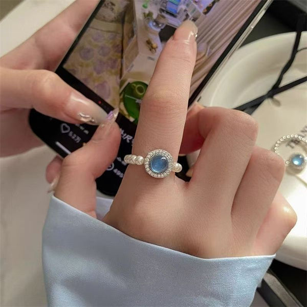 Women's Aquamarine Sea Blue Pearl Ring