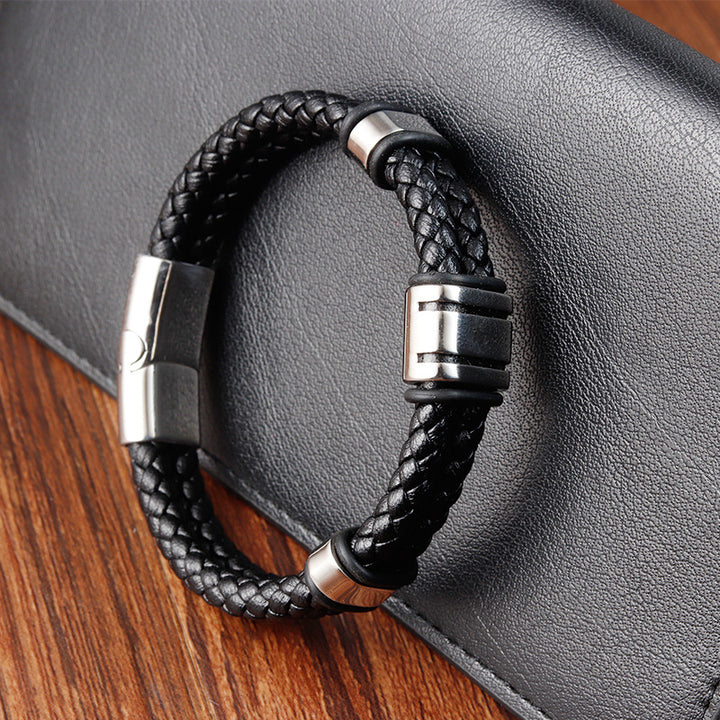 Men's Titanium Steel Leather Woven Bracelet