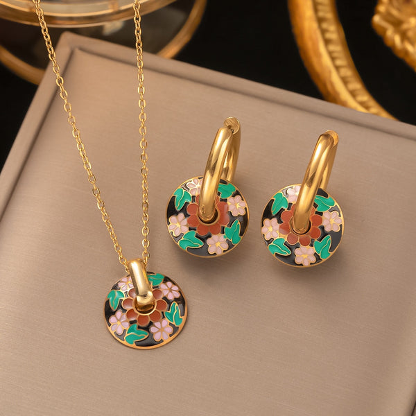 316L Stainless Steel Romantic colorful enamel round Gold-plated pendant and earring set