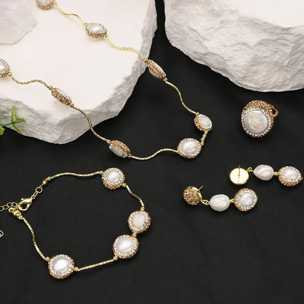 Natural Baroque Shaped Pearl Women Jewelry Necklace Bracelet Earring Ring Set Rhinestone Inlaid Exquisite Jewelry