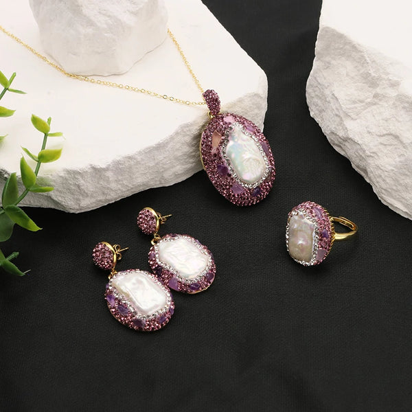 Natural Baroque Pearl Amethyst Inlaid Water Diamond Women's Jewelry Set Necklace Earrings Ring Ladies Exquisite Jewelry