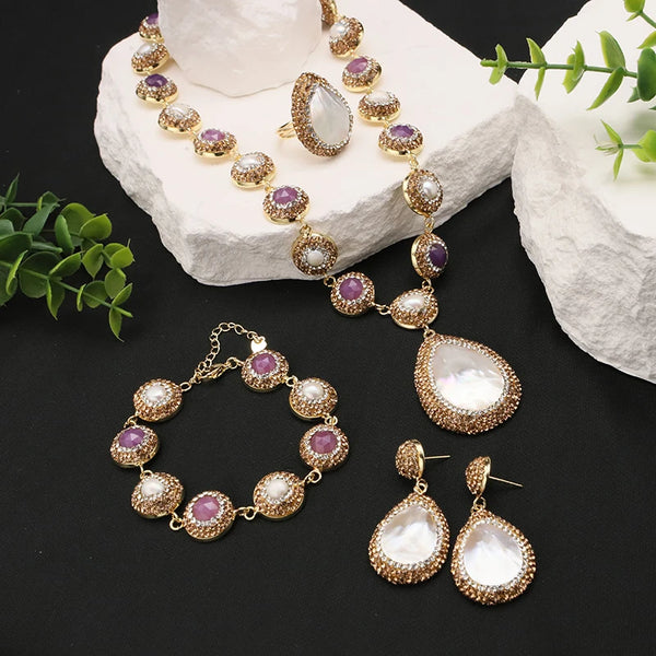 Natural Baroque Shaped Pearl Women Jewelry Necklace Bracelet Earring Ring Set Rhinestone Inlaid Luxury Party Women