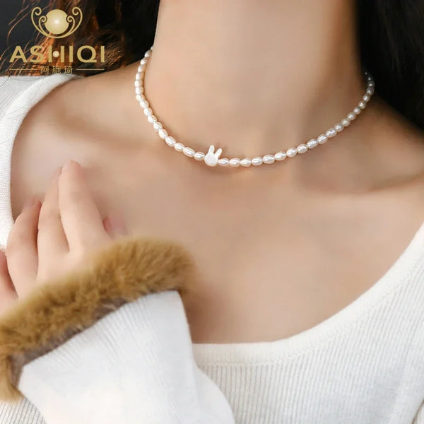 ASHIQI 925 Sterling Silver Natural Freshwater Pearl  Rabbit Necklace Fashion Jewelry for Women