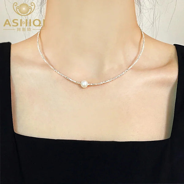 ASHIQI 925 Sterling Silver New Trendy Natural Freshwater Pearl Necklace for Women Fine Jewelry