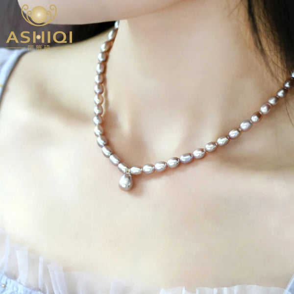 ASHIQI Natural 5-6mm Baroque Pearl Choker Pendant Necklace 925 Sterling Silver Fashion Jewelry for Women