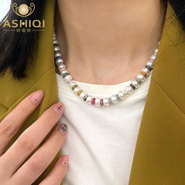 ASHIQI 925 Sterling Silver Natural Freshwater Pearl Necklace Multi Color Natural Stone Chain Fashion Jewelry for Women Gift