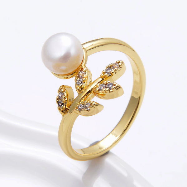 New Natural Round Baroque Pearl Ring For Women Tree Leaf Open Resizable Index Finger Ring 2022 Korean Trendy Metal Party Jewelry