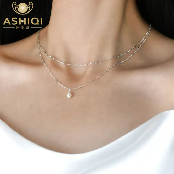 ASHIQI Natural Freshwater Pearl Necklace 925 Sterling Silver Chain for Women Gift