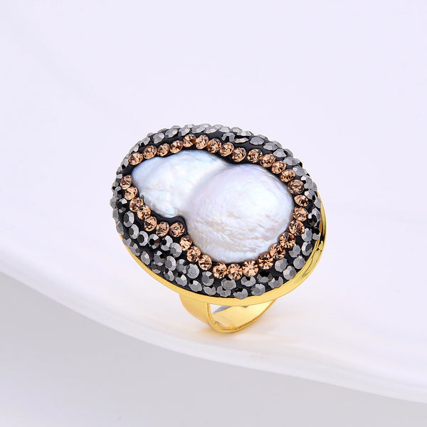 Natural Baroque Pearls Rings For Women Bohemia Style Adjustable Opening Finger Ring Trendy Rhinestone Party Statement Jewelry