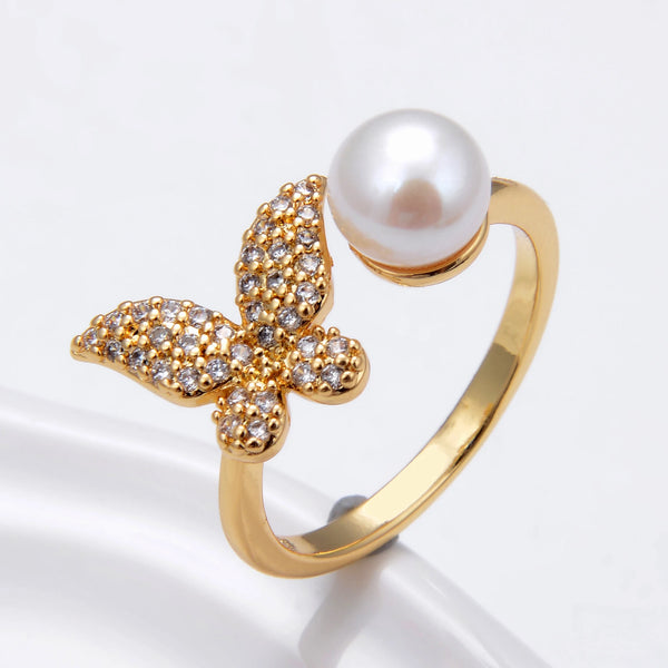 Vintage Boho Style Butterfly Rings For Women Simple Natural Freshwater Pearl Adjustable Finger Ring Wedding Party Jewelry Gifts