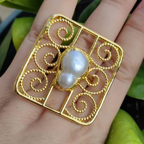 Big 40mm Natural White Pearl Gold Plated Square Butterfly Rings Adjustable Ring Handmade For Lady