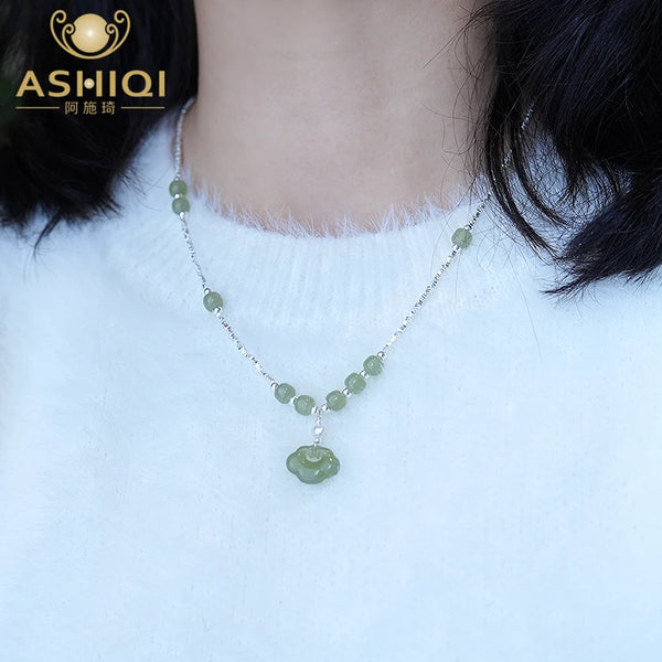 ASHIQI Natural Freshwater Pearl Hotan Jade Necklace 925 Sterling Silver Broken Silver for Women