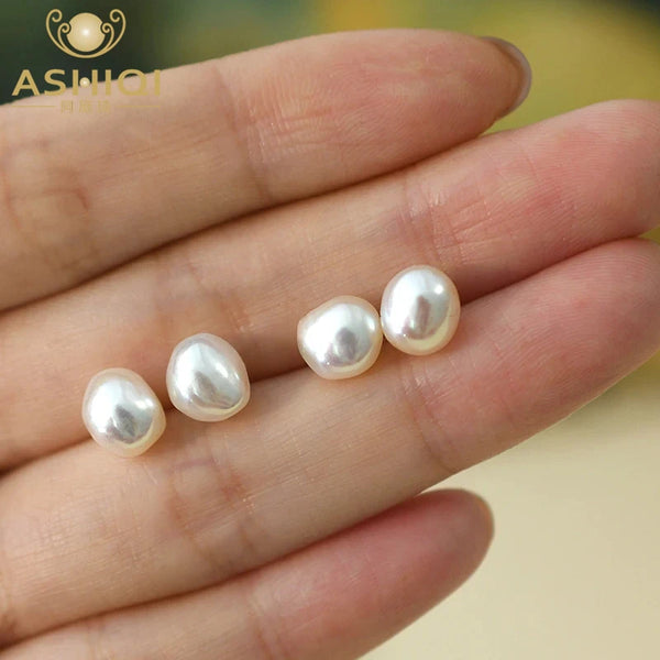 ASHIQI Genuine 925 Sterling Silver Natural Baroque Freshwater Pearl Stud Earrings Ear Clip for Women