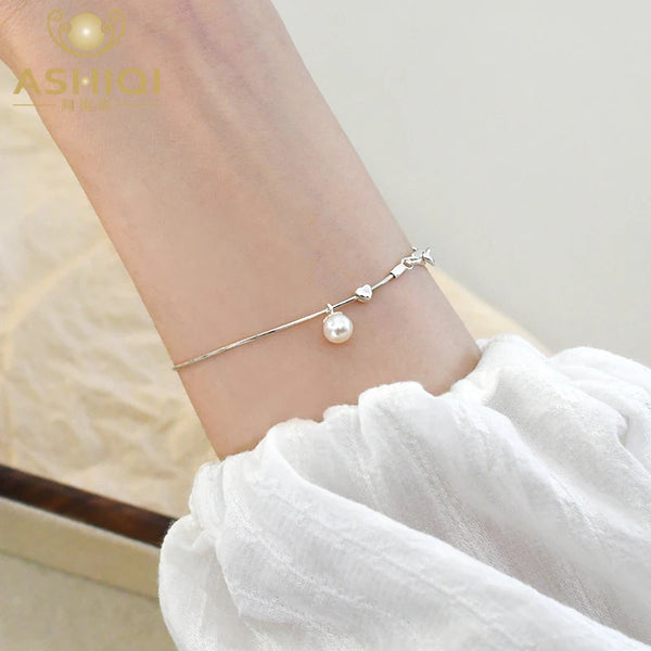 ASHIQI Natural Freshwater Pearl Fine chain Bracelet 925 Sterling Silver for Women Fine Jewelry Wedding Gift