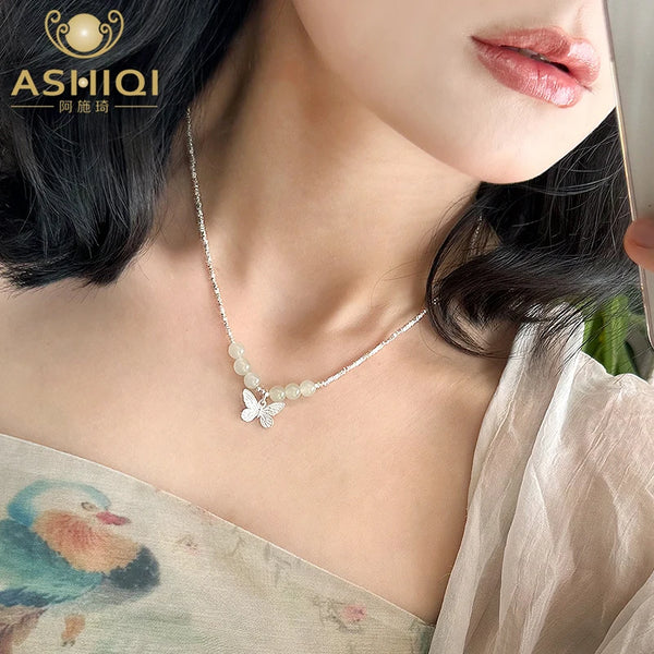 ASHIQI Natural Jade Irregular 925 Sterling Silver Butterfly Necklace for Women Temperament