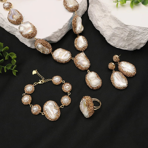 Natural Baroque Shaped Pearl Women Jewelry Necklace Bracelet Earring Ring Set Rhinestone Inlaid Luxury Dress Jewelry