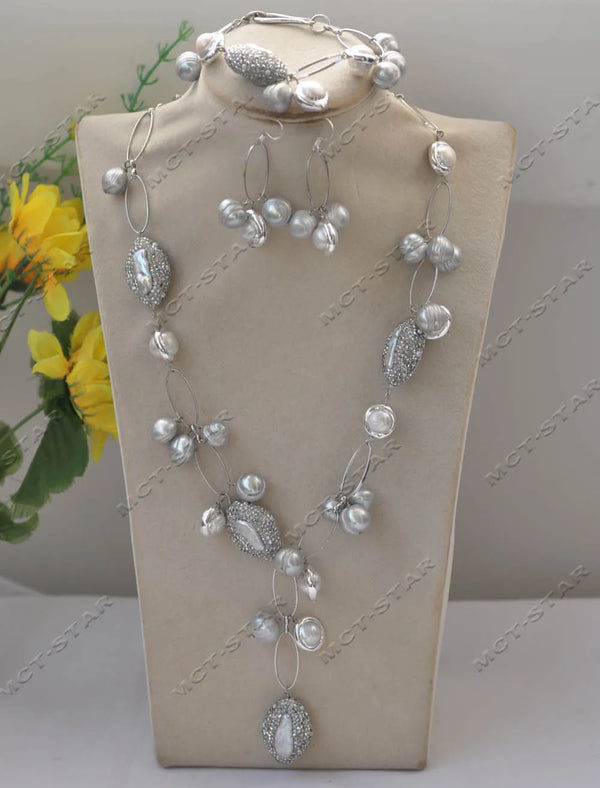 White Gray Round Gold-Plated Pearl Eye CZ Chain Necklace Pendant Bracelet Earring Custom Jewelry