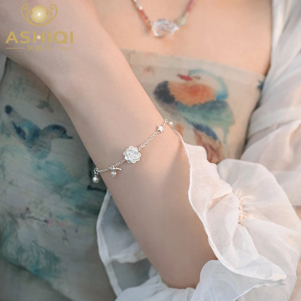 ASHIQI Natural Freshwater Pearl 925 Sterling Silver Flower Butterfly Bracelet for Women