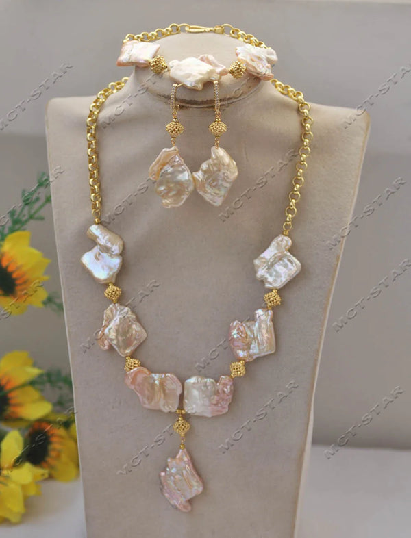 33mm Pink Baroque Coin Pearl Gold-plating Chain Necklace Pendant Bracelet Earring Custom jewelry