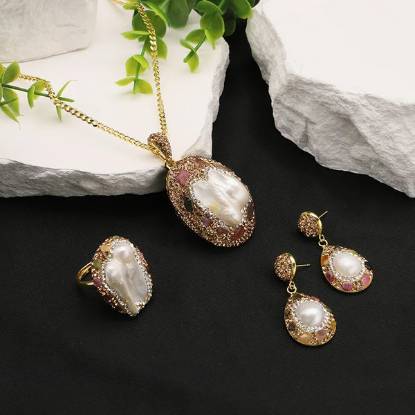 Natural Baroque Pearl Pendant Tourmaline Necklace  Earring Ring Set Women's Personality Simple Light Luxury Jewelry