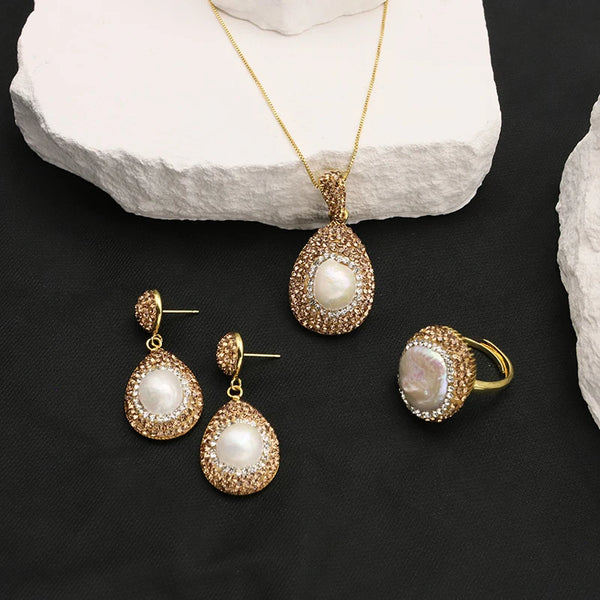 Natural Baroque Pearl Inlaid Water Diamond Women's Jewelry Set Necklace Earrings Ring Ladies Exquisite Jewelry