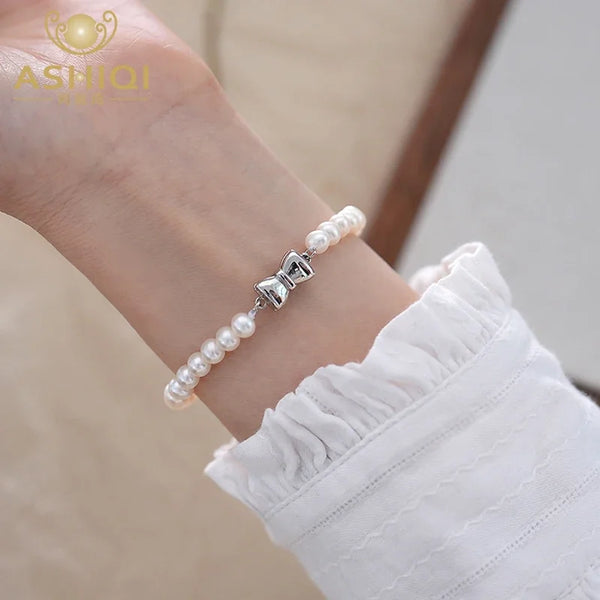 925 Sterling Silver Natural Freshwater Pearl Bracelet Butterfly Buckle for Womens Party Jewelry