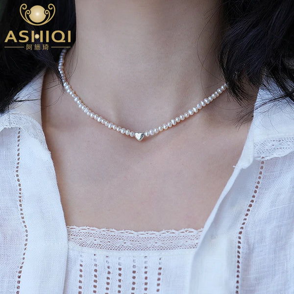 ASHIQI Natural Freshwater Pearl 925 Sterling Silver Love Necklace for Girls Personality Gifts