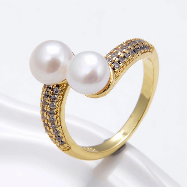 2022 New Double Pearl Adjustable Ring For Women Natural Round Freshwater Pearl Zircon Ring Wedding Engagement Party Jewelry Gift