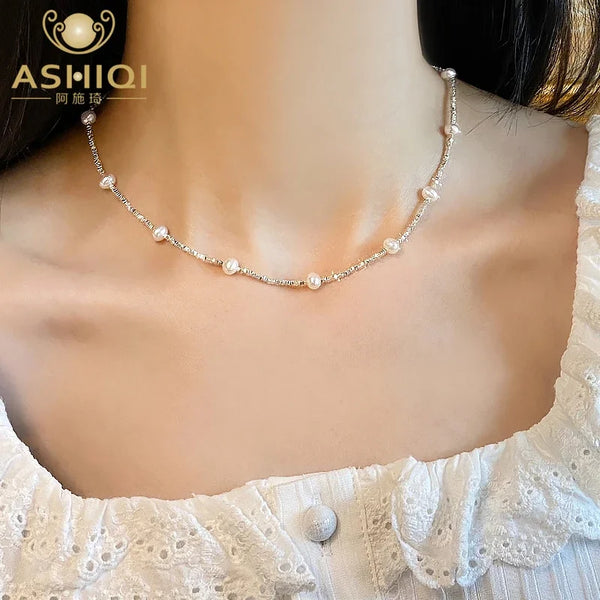 ASHIQI 925 Sterling Silver Natural Freshwater Pearl Glossy Broken Silver Necklace Exquisite Jewelry Party Wedding for Women