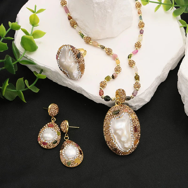 Natural Baroque Shaped Pearl Women Jewelry Necklace Bracelet Earring Ring Set Rhinestone Inlaid Luxury Party Dress Acces