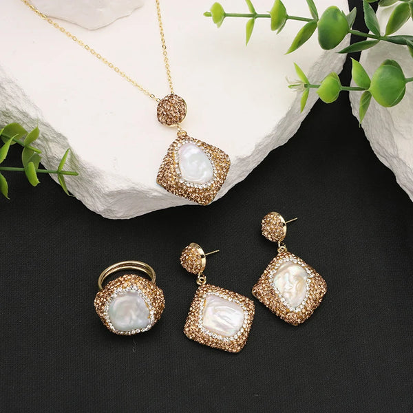 Natural Baroque Shaped Pearl Women Jewelry Necklace Earring Ring Set Rhinestone Inlaid Exquisite Jewelry  Luxury Fashion