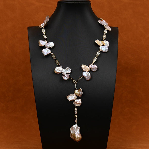 18'' Natural Purple Keshi Pearl Gold Plated CZ Pave Rectangle Chain Necklace Real Baroque Pearl Pendant - LeisFita.com