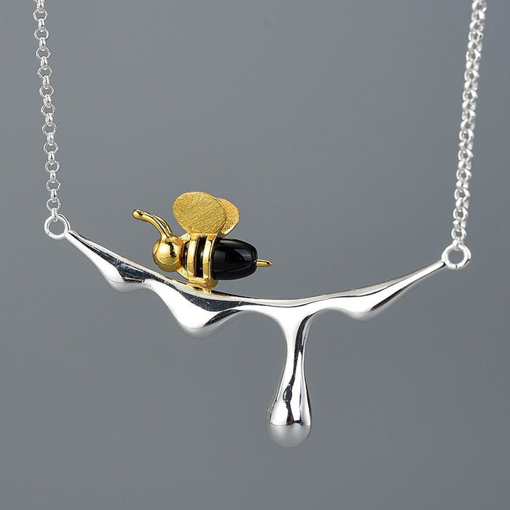18K Gold Bee and Dripping Honey Pendant Necklace Real 925 Sterling Silver Handmade Designer Fine Jewelry for Women - LeisFita.com