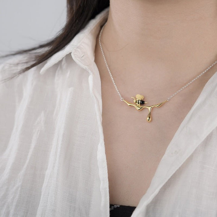 18K Gold Bee and Dripping Honey Pendant Necklace Real 925 Sterling Silver Handmade Designer Fine Jewelry for Women - LeisFita.com