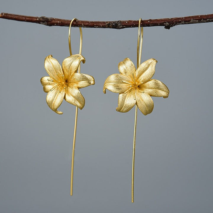 18K Gold Lily Flower Dangle Earrings Real 925 Sterling Silver Handmade Designer Fine Jewelry Earrings for Women Bijoux - LeisFita.com