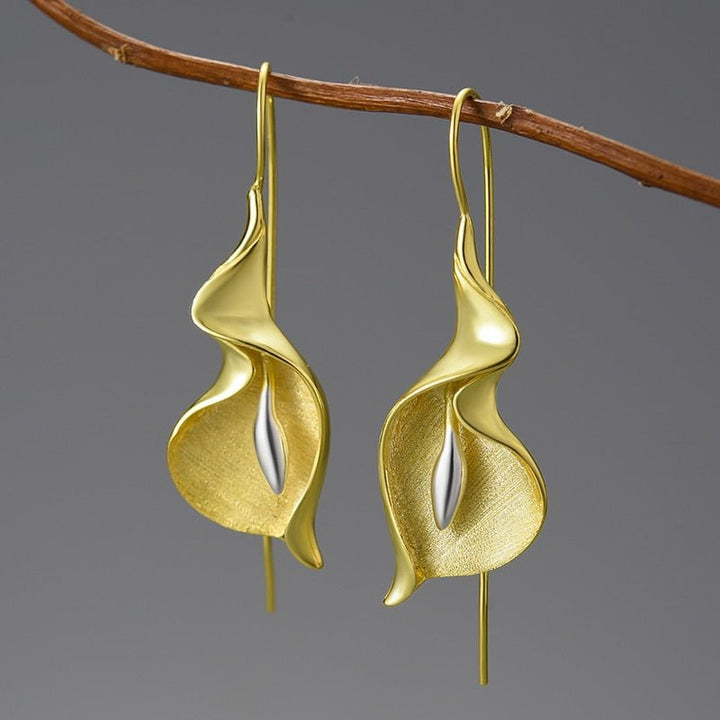 18K Gold Long Hanging New Calla Lily Flower Dangle Earrings for Women Real 925 Sterling Silver Luxury Fine Jewelry - LeisFita.com