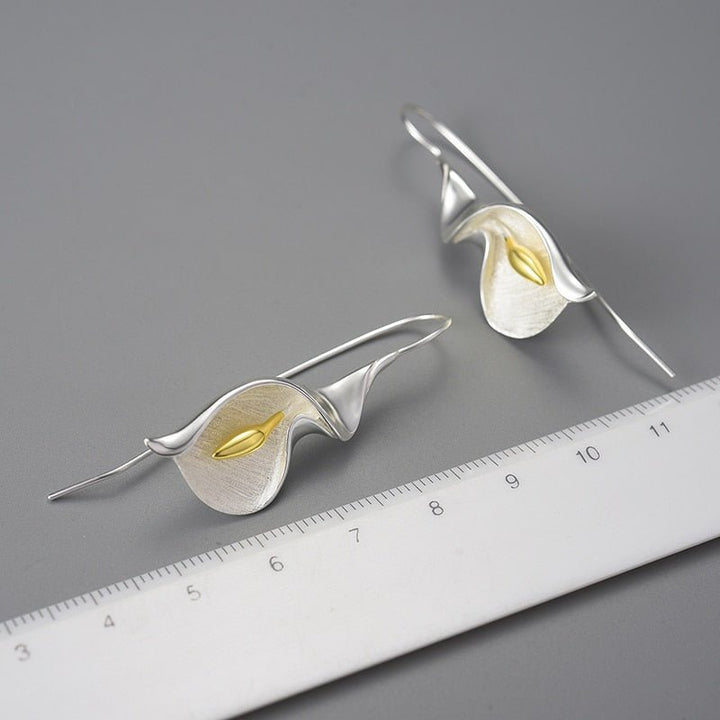 18K Gold Long Hanging New Calla Lily Flower Dangle Earrings for Women Real 925 Sterling Silver Luxury Fine Jewelry - LeisFita.com