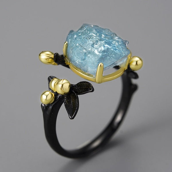 18K Gold Natural Aquamarine Gemstone Flower Adjustable Rings for Women Real 925 Sterling Silver Fine Luxury Jewelry - LeisFita.com