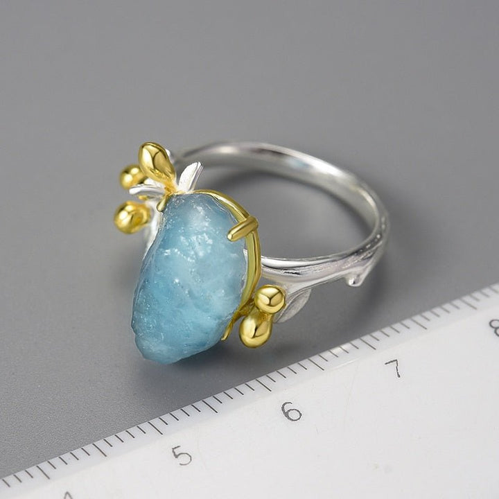 18K Gold Natural Aquamarine Gemstone Flower Adjustable Rings for Women Real 925 Sterling Silver Fine Luxury Jewelry - LeisFita.com