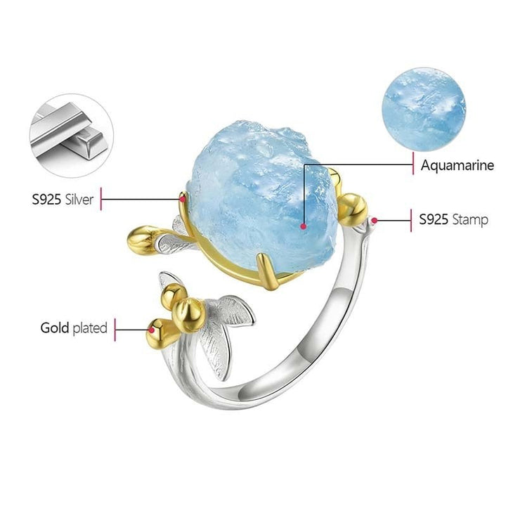 18K Gold Natural Aquamarine Gemstone Flower Adjustable Rings for Women Real 925 Sterling Silver Fine Luxury Jewelry - LeisFita.com