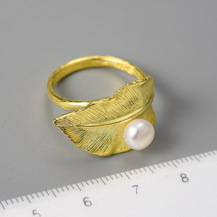 18K Gold Natural Pearl Adjustable Wedding New Leaf Rings for Women Real 925 Sterling Silver Fine Luxury Jewelry 2022 - LeisFita.com